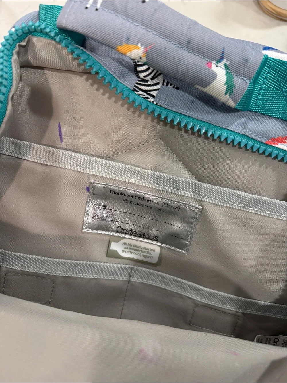Crate&Barrel Gray Kids Backpack with Unicorn and Teal Accents